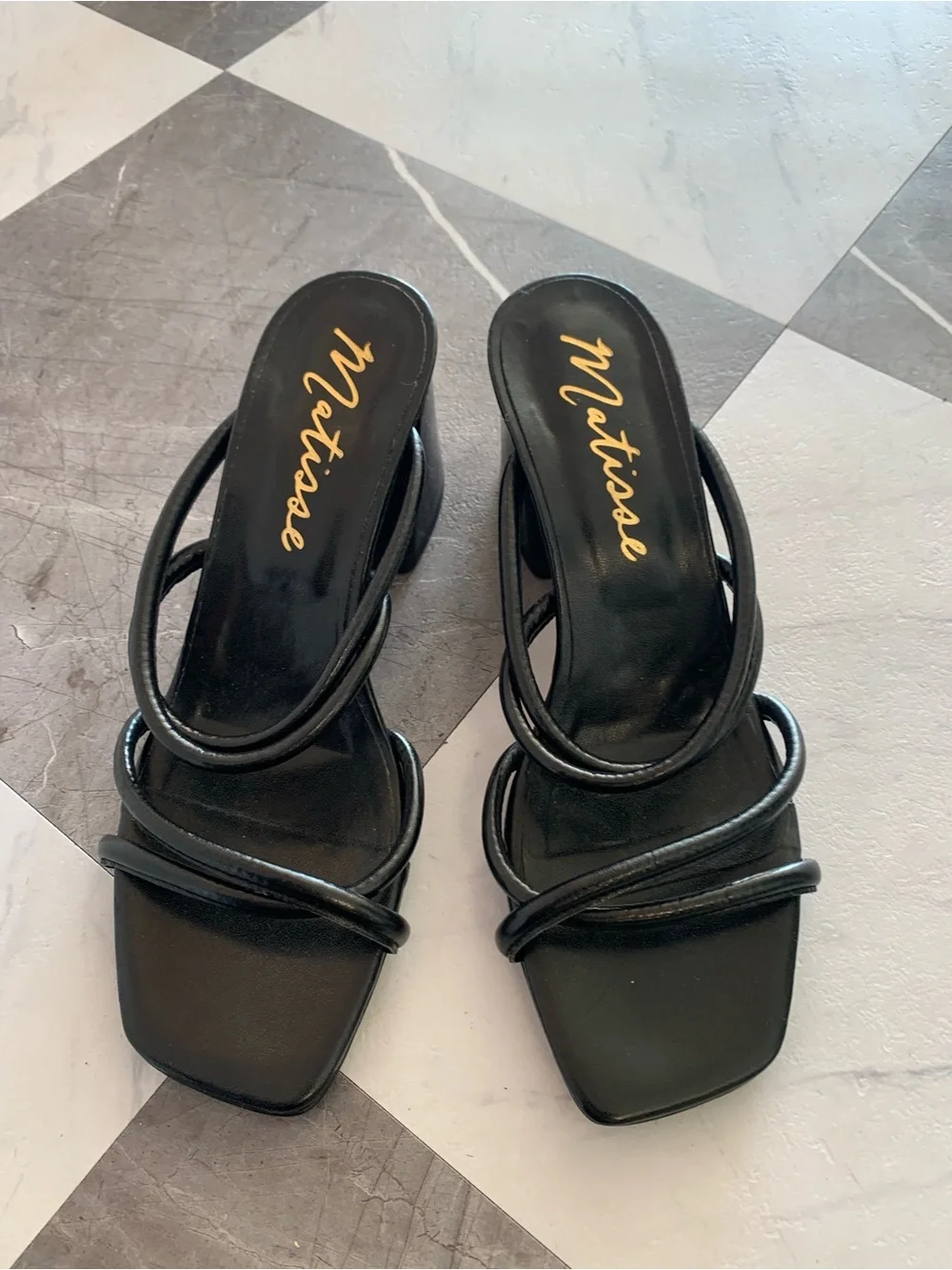 Matisse Black Loop-Strap Square-Toe Heeled Sandals